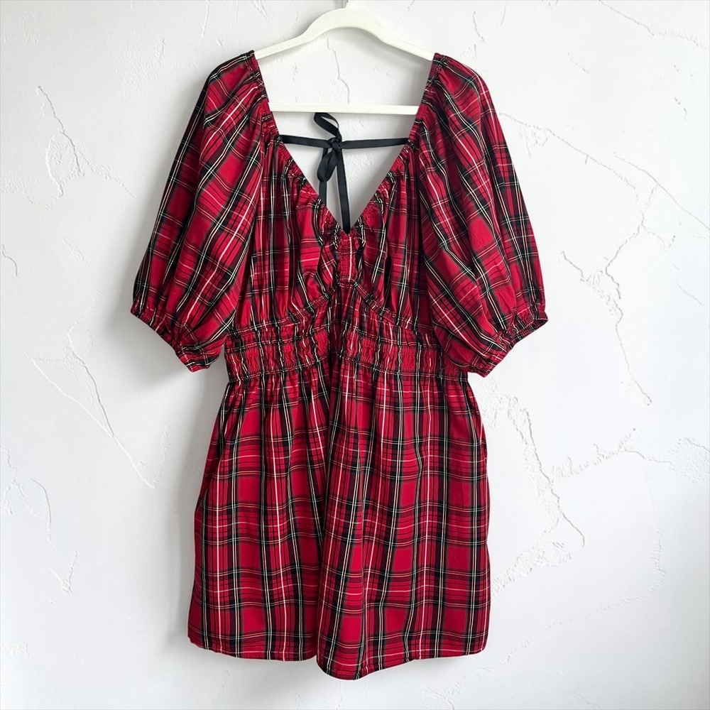 Old Navy Dress Women's XL Plaid Red Babydoll Festive Holiday Puff Sleeve Preppy